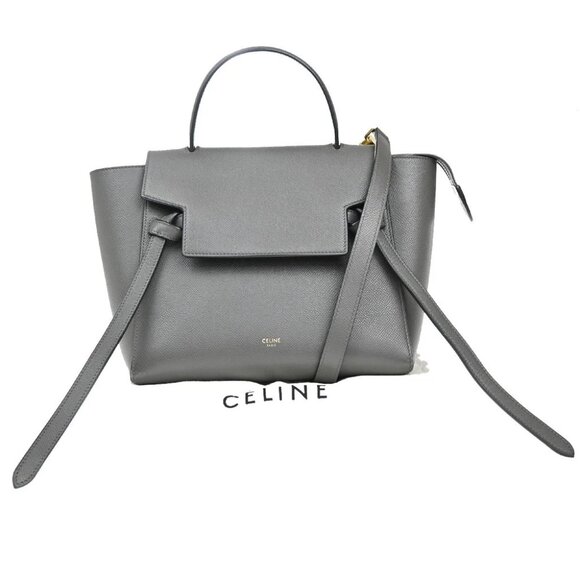 CELINE Logo Belt Bag Mini 2Way Shoulder Hand Bag Leather Gray GHW Italy 55RF521 - Picture 1 of 15